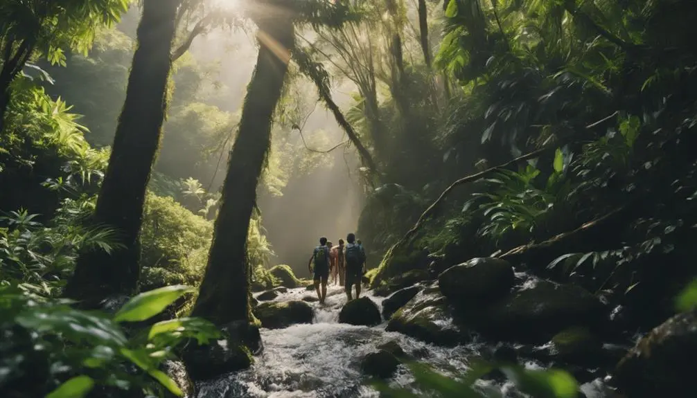 hiking through lush forest